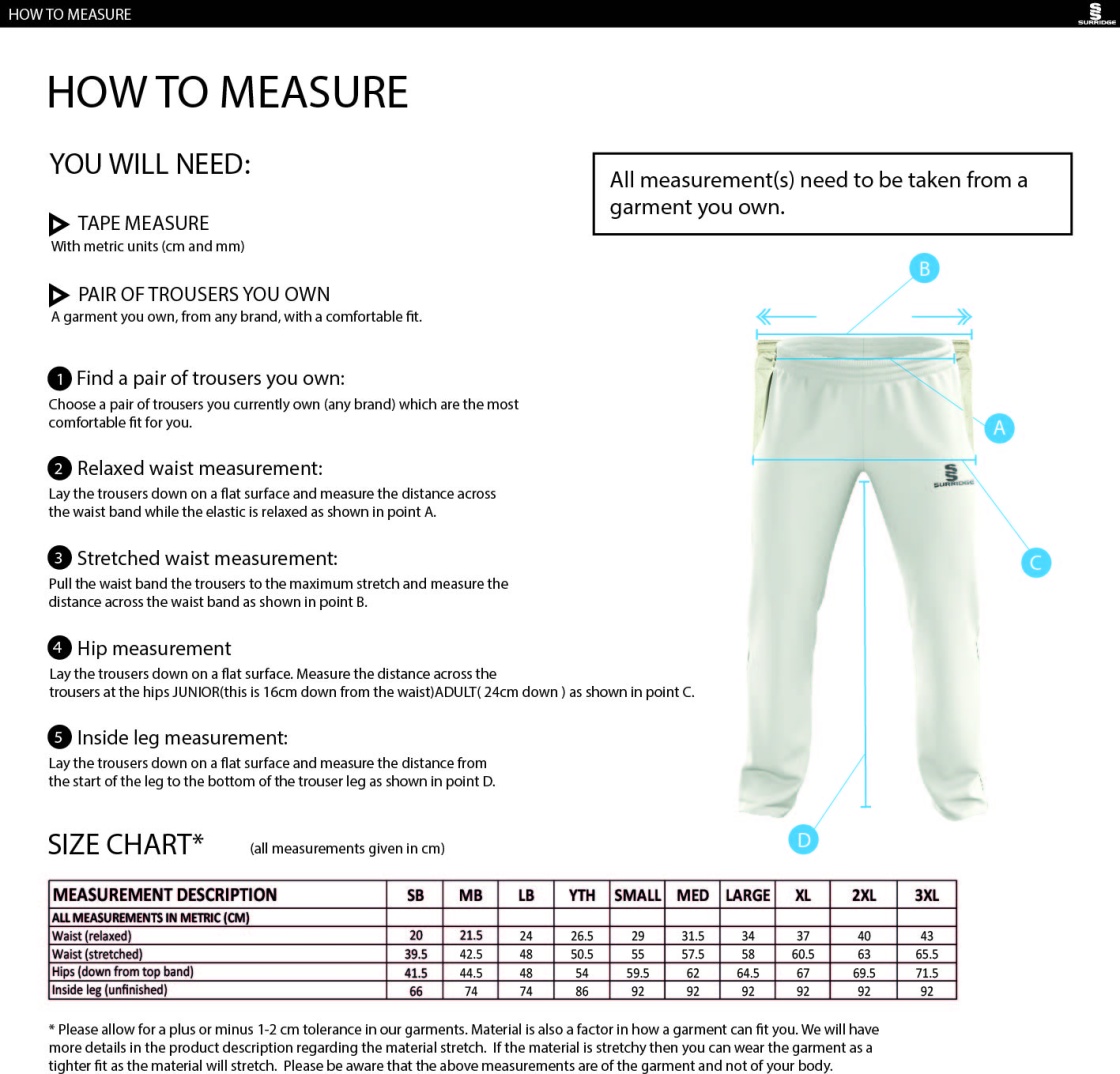 Kegworth Town CC - Standard Playing Pant - Size Guide