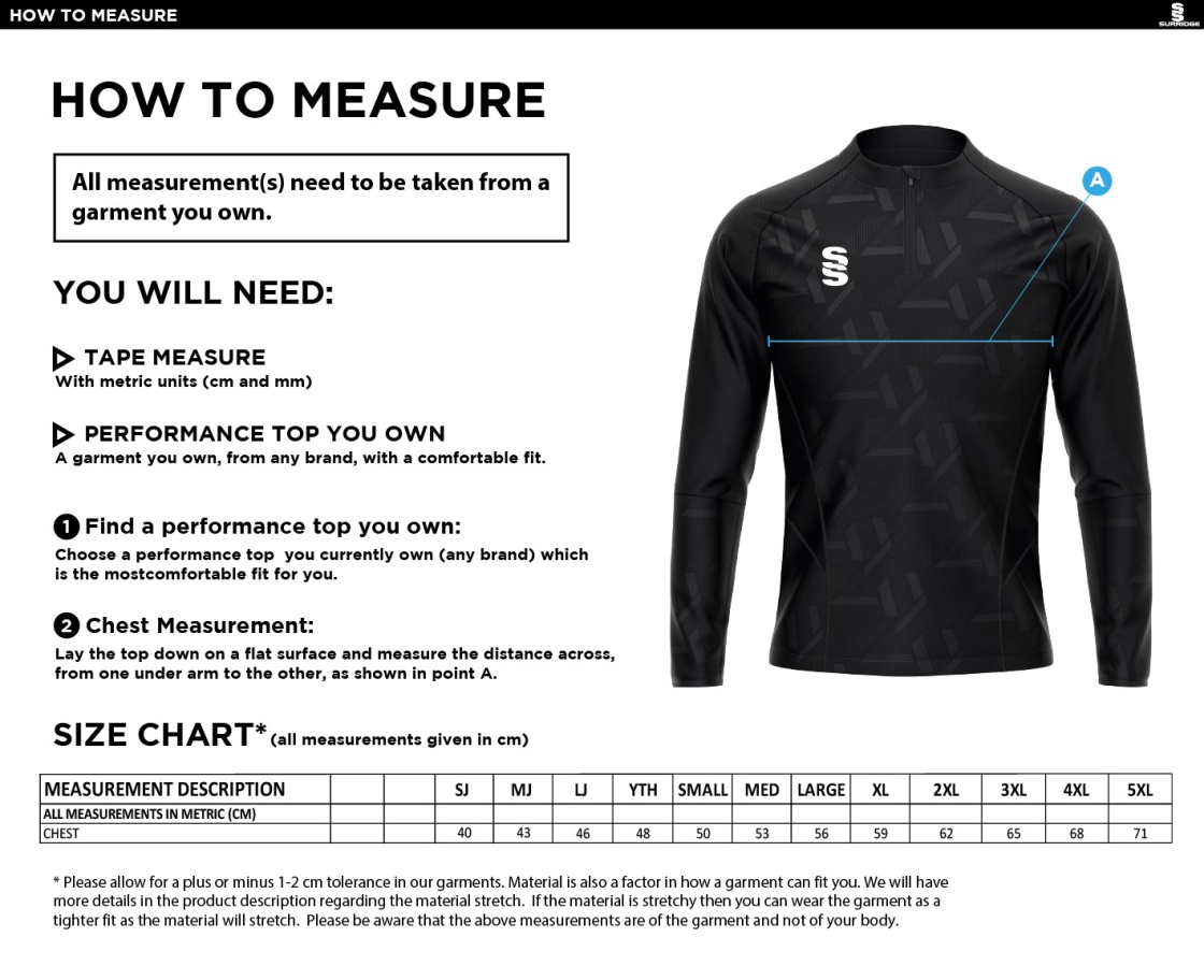 Kegworth Town CC - Supporters - Impact 1/4 Zip Performance Top - Size Guide