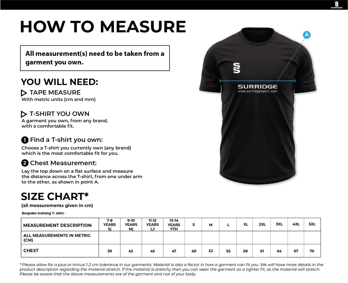 Kegworth Town CC - Supporters - Impact T-Shirt - Size Guide