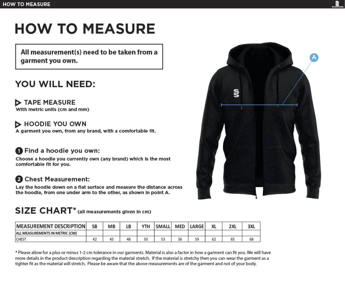 Kegworth Town CC - Supporters - Dual Full Zip Hoody - Size Guide